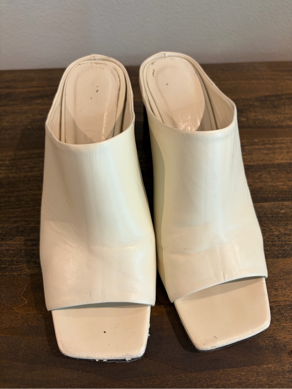 Aeyde Cream Square-Toe Open Mule Heels